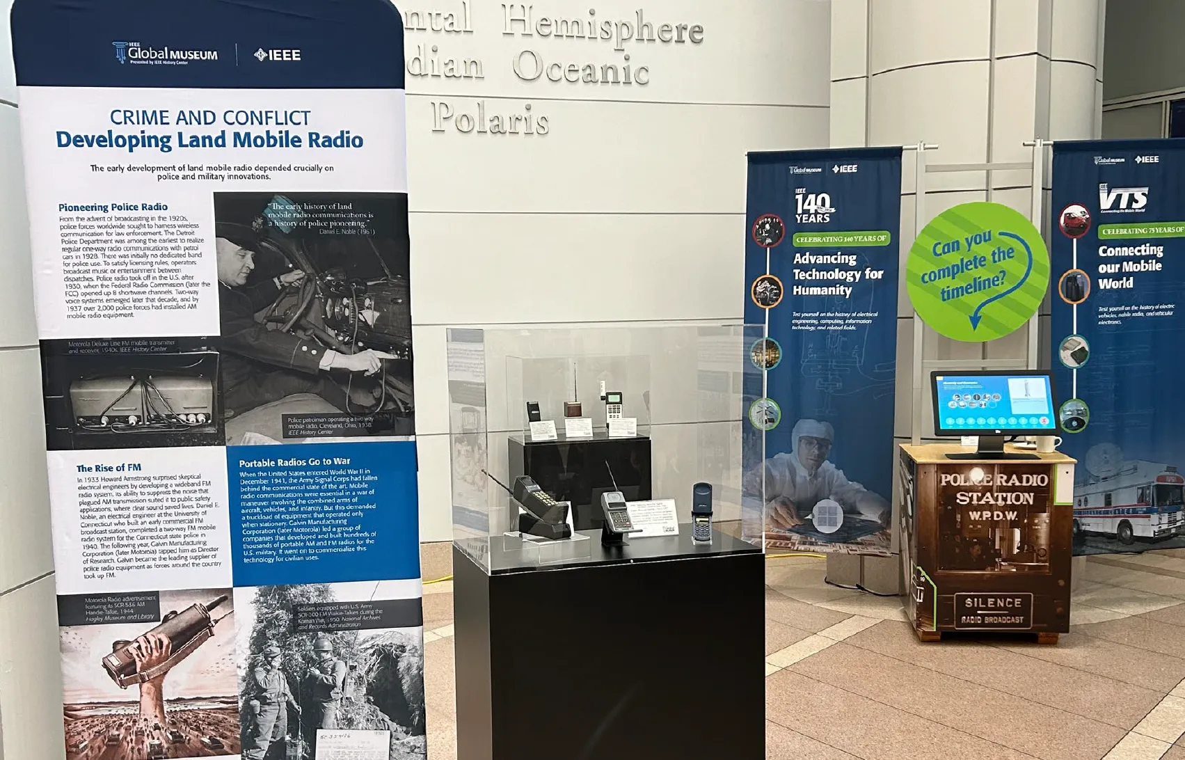 Museum exhibit with banners